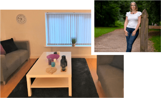 Two pictures of a woman engaged in stress therapy in front of a living room.