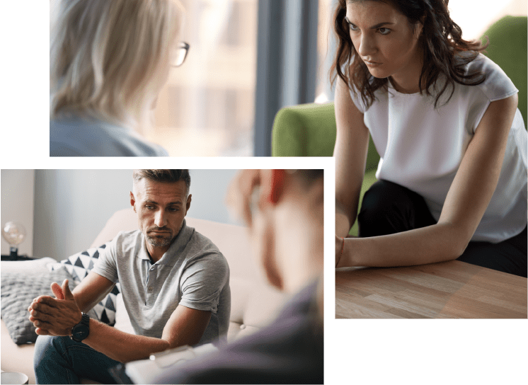 A man and woman engaged in anger therapy, sitting on a couch and talking to each other.