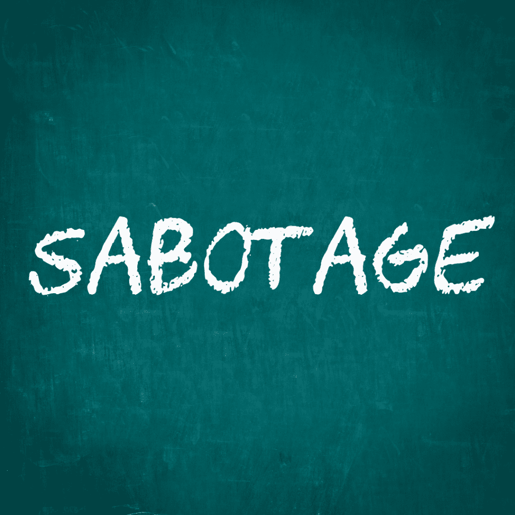 A dark green background, with the word sabotage written in white capital letters