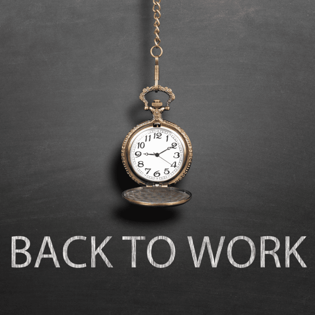 A black background, with the words Back to Work. There's an old-fashioned pocket watch in the picture, representing the time ticking by.