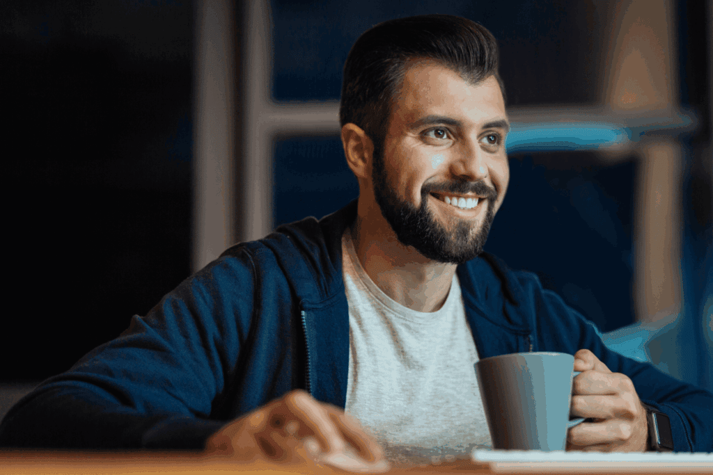 Male sat at desk. He is in relaxed tshirt and zip up hoodie. He is looking at a computer out of shot. He is using a mouse with one hand and has a cup of coffee on the desk. He has dark hair and a beard