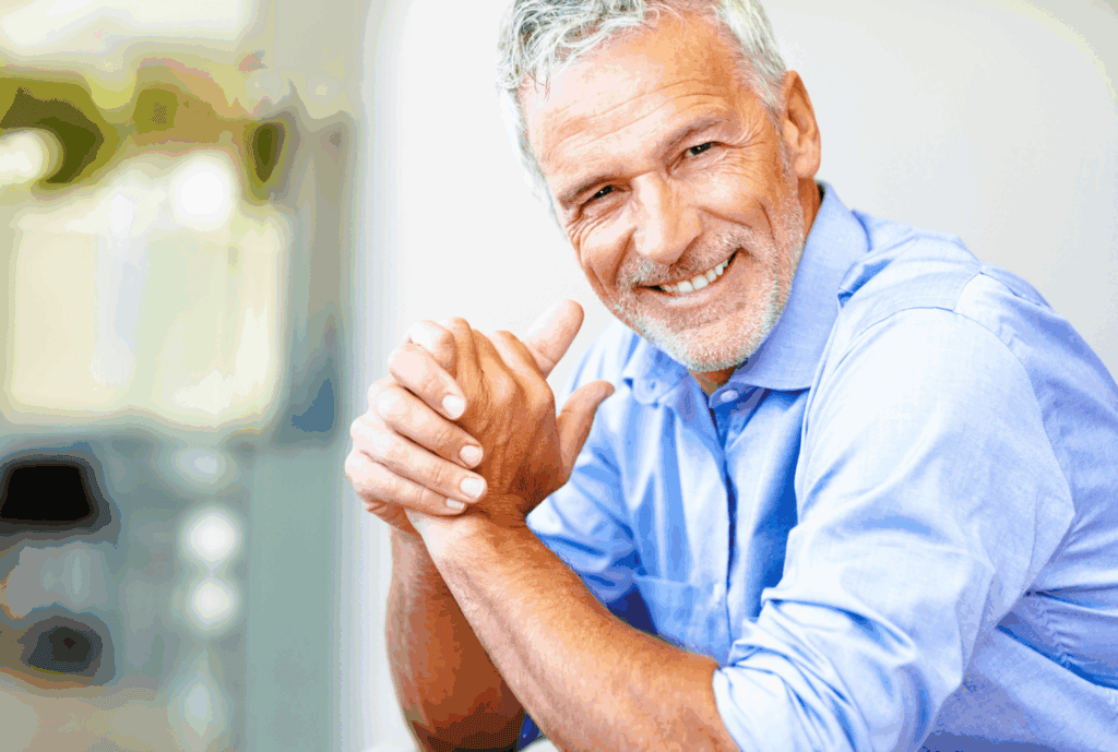 There is a mature gentleman side angle on, turned to face the camera. He is smiling, and has his hands clasped in front of him. He has grey hair and a blue shirt