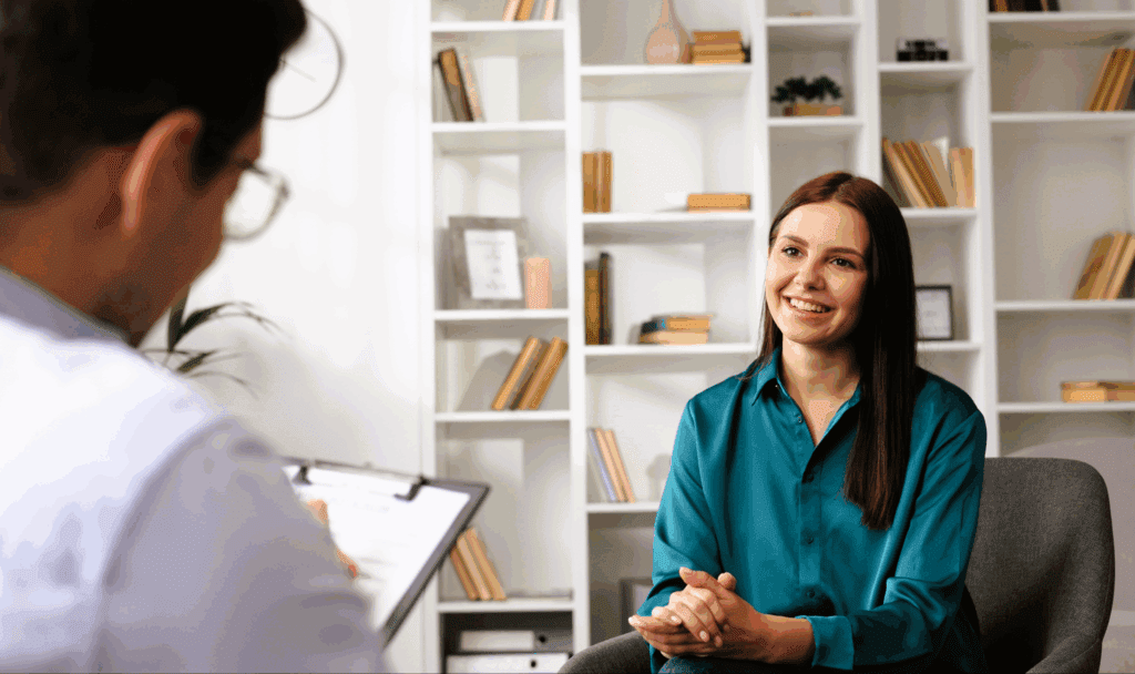 A female is sat on a sofa chair. In the background is a full wall shelving system, which looks to have books, plans and decorations on. She has long brown hair and wears a green blouse. She looks just beyond the camera.