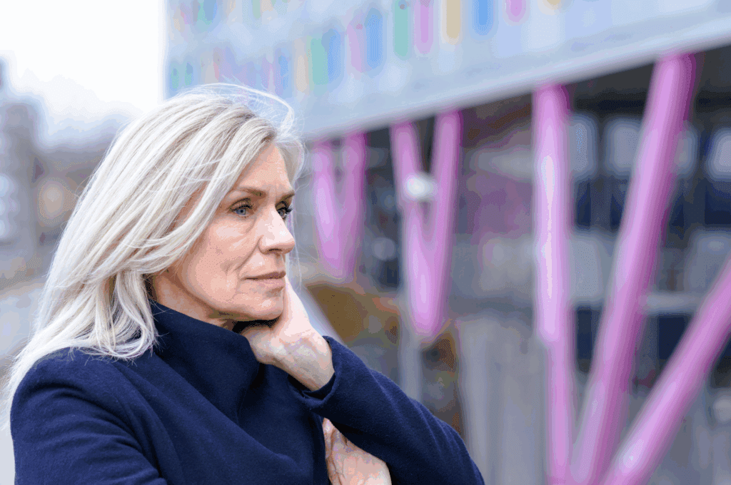 A lady is stood outside with a coat on. She is outside a modern building which can be seen out of focus in the background. She has grey hair and is wearing blue. She is looking into the distance.