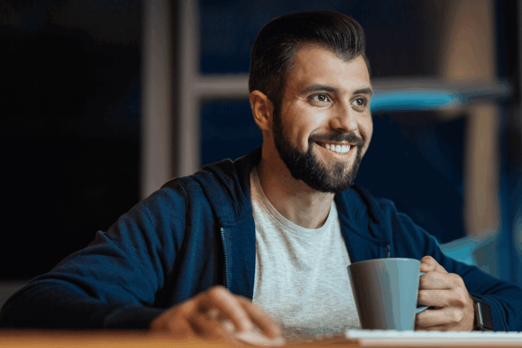 Male sat at desk. He is in relaxed tshirt and zip up hoodie. He is looking at a computer out of shot. He is using a mouse with one hand and has a cup of coffee on the desk. He has dark hair and a beard